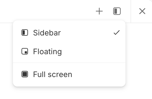 The Addison pane header menu open, offering Sidebar (checked), Floating, and Full screen, beside a + button for a new chat and a close button.