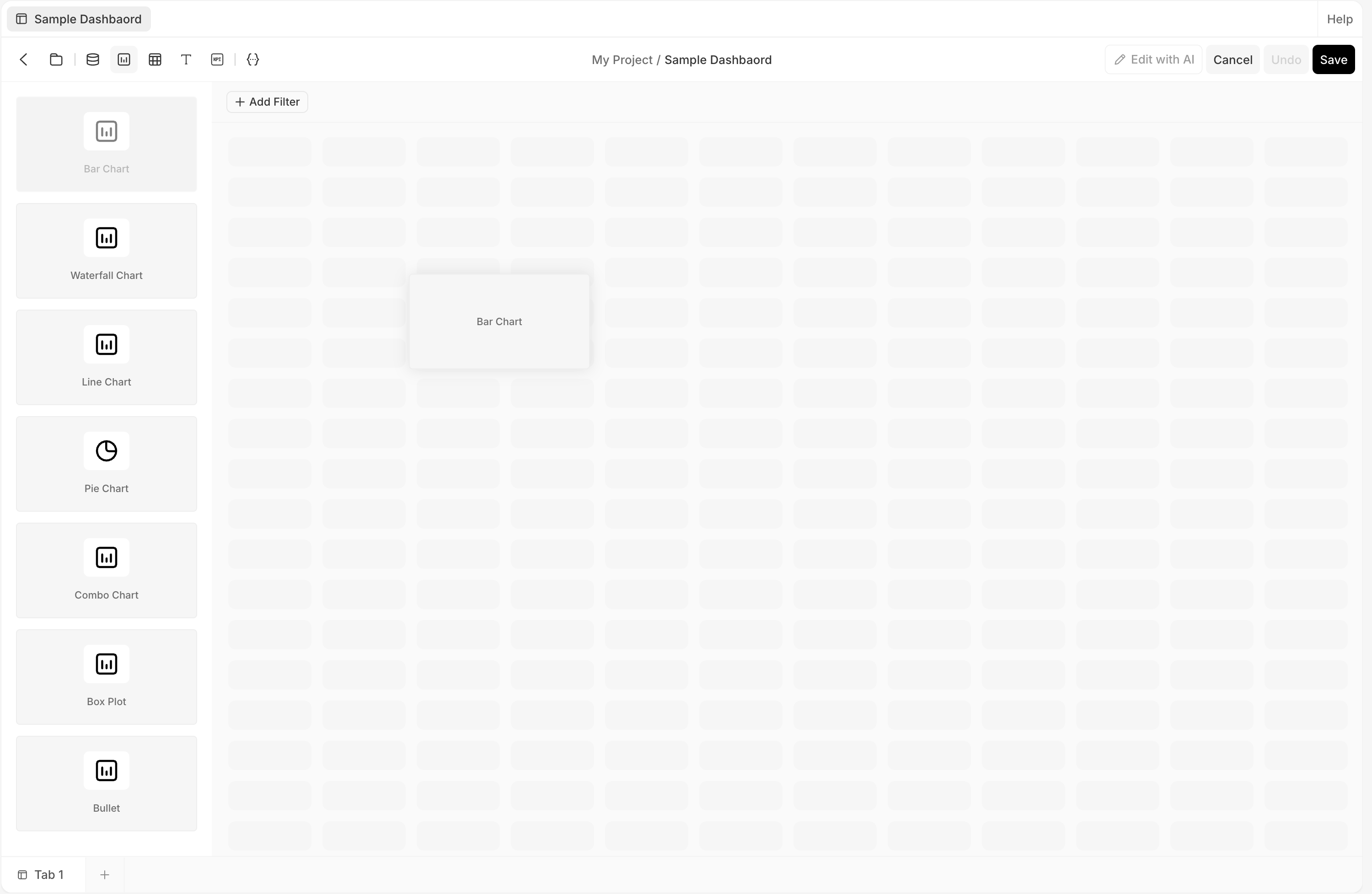Dashboard edit mode. The left palette lists chart types (Bar Chart, Waterfall, Line, Pie, Combo, Box Plot, Bullet) and a Bar Chart card is being dragged onto the empty bento grid. The toolbar has Data Sources, Chart, Table, Text, KPI, and JSON icons; the top-right shows Edit with AI, Cancel, Undo, and Save.