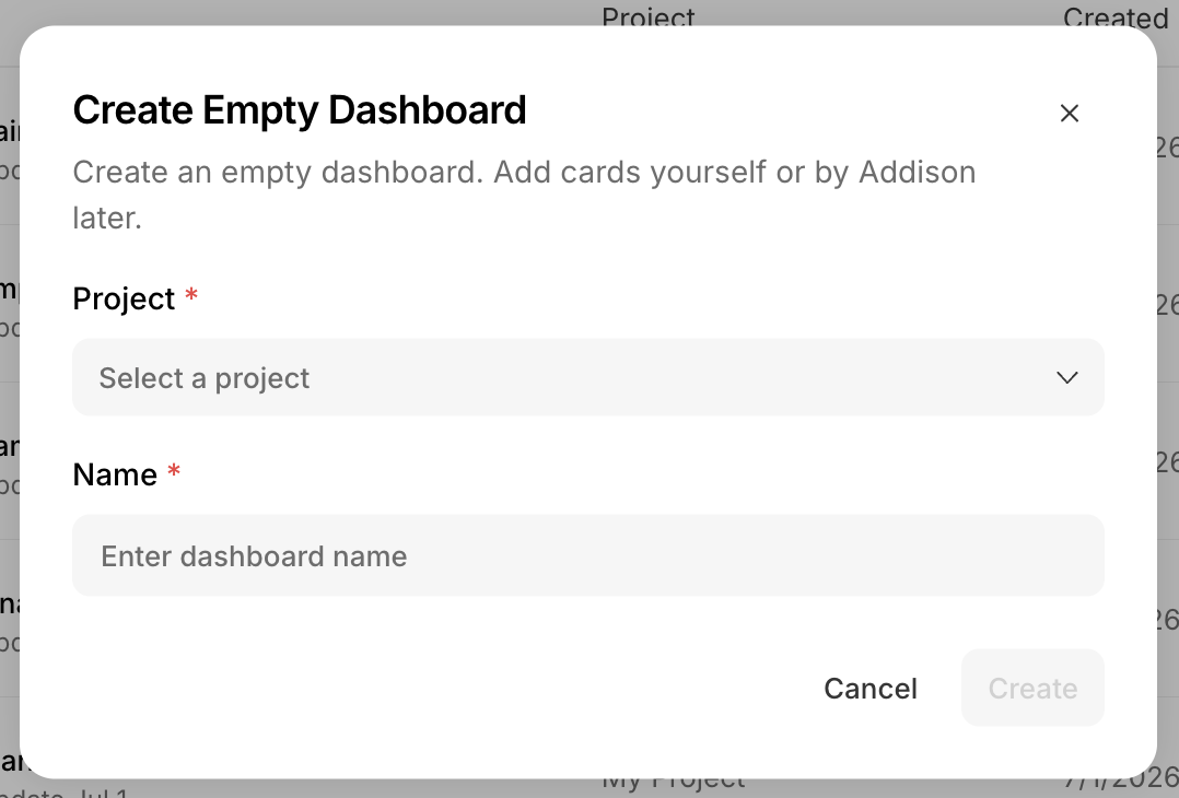 A 'Create Empty Dashboard' modal that reads 'Create an empty dashboard. Add cards yourself or by Addison later.', with a Project selector, a Name field, and Cancel and Create buttons.