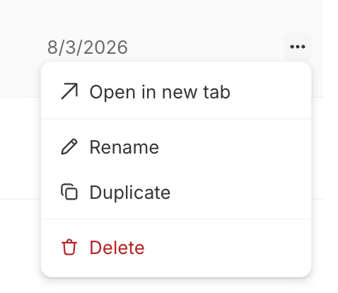 A dashboard row's ⋯ menu on the Dashboards page: Open in new tab, Rename, Duplicate, and Delete (in red).