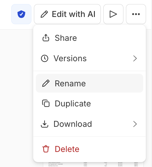 The ⋯ menu open in a deck's toolbar, beside the verification badge, Edit with AI, and the presentation-mode play button. The menu lists Share, Versions (with a submenu arrow), Rename (highlighted), Duplicate, Download (with a submenu arrow), and Delete in red.
