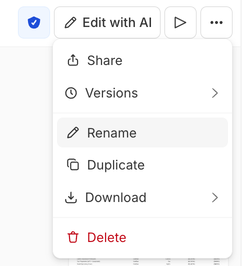The ⋯ menu open in a deck's toolbar, beside the verification badge, Edit with AI, and the presentation-mode play button. The menu lists Share, Versions (with a submenu arrow), Rename (highlighted), Duplicate, Download (with a submenu arrow), and Delete in red.