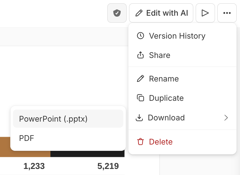 A deck's ⋯ menu open with Version History, Share, Rename, Duplicate, and Download (which expands to a submenu showing PowerPoint (.pptx), highlighted, and PDF), plus Delete in red; the toolbar above shows the verification badge, Edit with AI, the presentation-mode play button, and the ⋯ button.