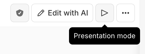 The deck toolbar with the verification badge, Edit with AI, and a play-triangle button hovered, showing a 'Presentation mode' tooltip, followed by the ⋯ menu button.
