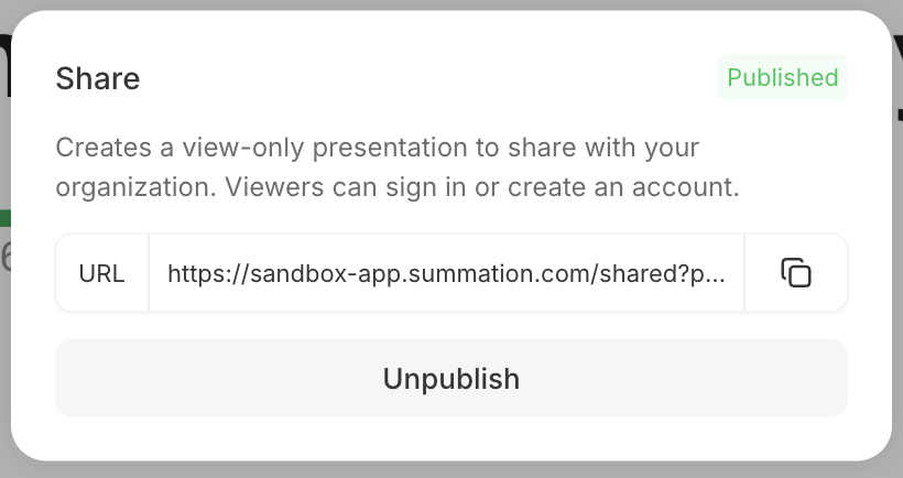 The deck Share dialog labeled 'Published'. It explains it 'Creates a view-only presentation to share with your organization. Viewers can sign in or create an account.', shows a URL field containing a truncated /shared presentation link with a copy button, and an Unpublish button.