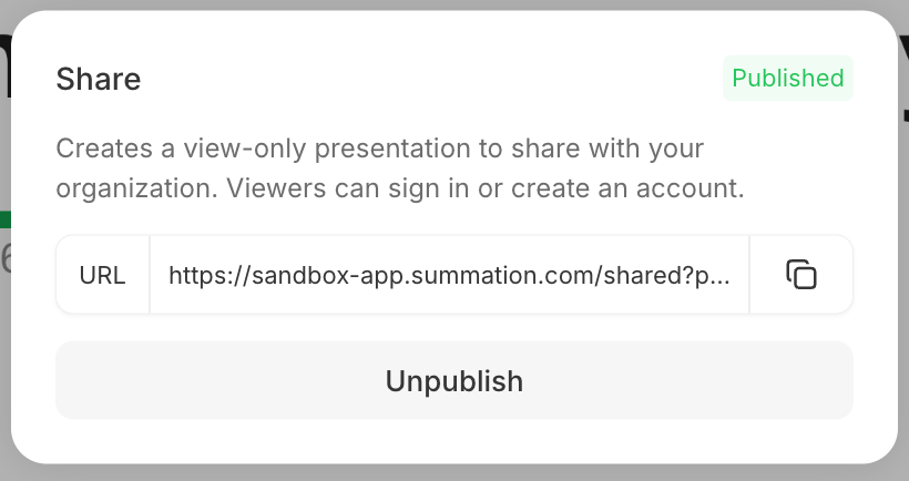 The deck Share dialog labeled 'Published'. It explains it 'Creates a view-only presentation to share with your organization. Viewers can sign in or create an account.', shows a URL field containing a truncated /shared presentation link with a copy button, and an Unpublish button.