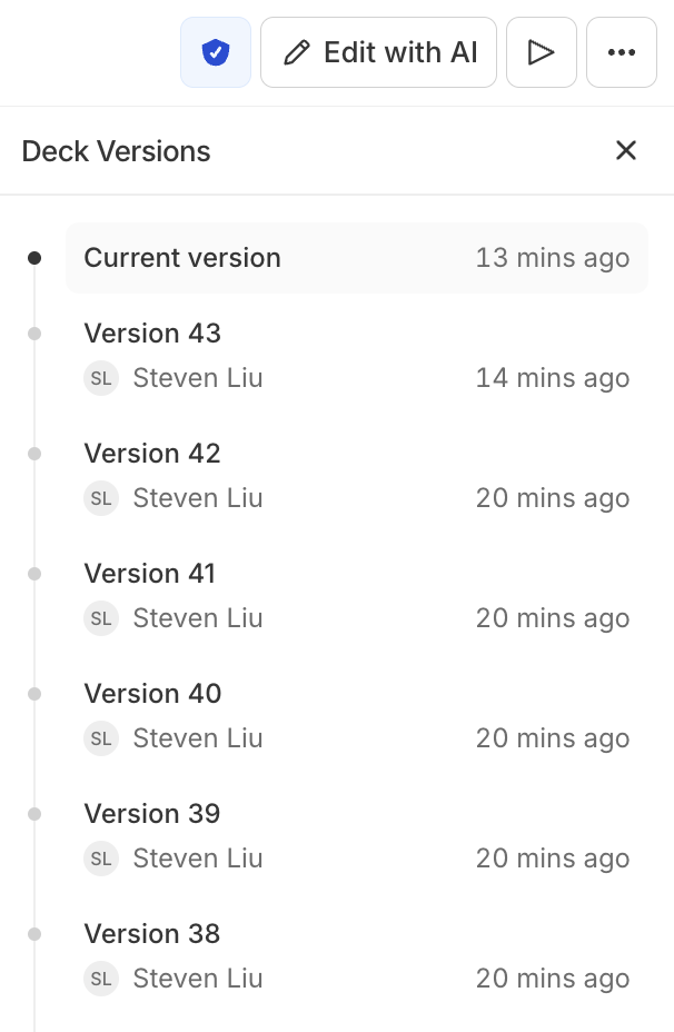 The 'Deck Versions' panel listing the Current version and Version 43 down to Version 38, each with an author initials avatar and a relative timestamp (13 to 20 mins ago), connected by a vertical timeline with the current version marked by a filled dot. The deck toolbar above shows the verification badge, Edit with AI, the presentation-mode play button, and a ⋯ menu.