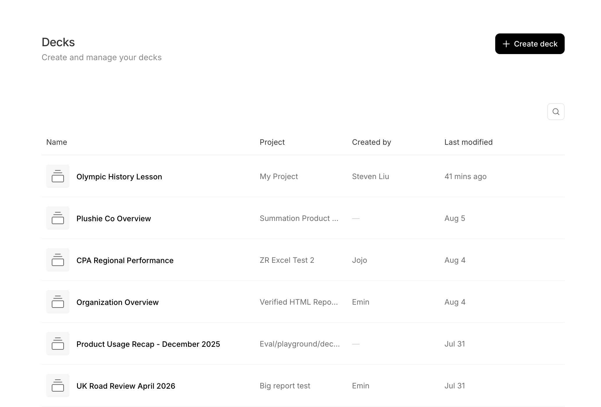 The Decks page at /decks titled 'Decks — Create and manage your decks', with a Create deck button in the top-right and a search control. A table lists decks across projects with columns Name, Project, Created by, and Last modified; the top row is an 'Olympic History Lesson' demo deck, followed by additional deck rows each showing its project, author, and a relative or dated timestamp.