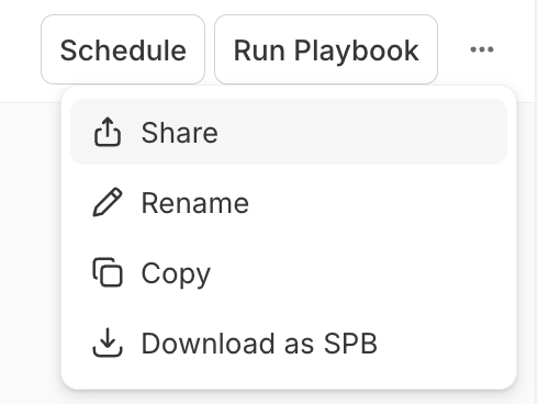 A playbook toolbar showing Schedule and Run Playbook buttons with the ⋯ menu open beside them, listing Share (highlighted), Rename, Copy, and Download as SPB.