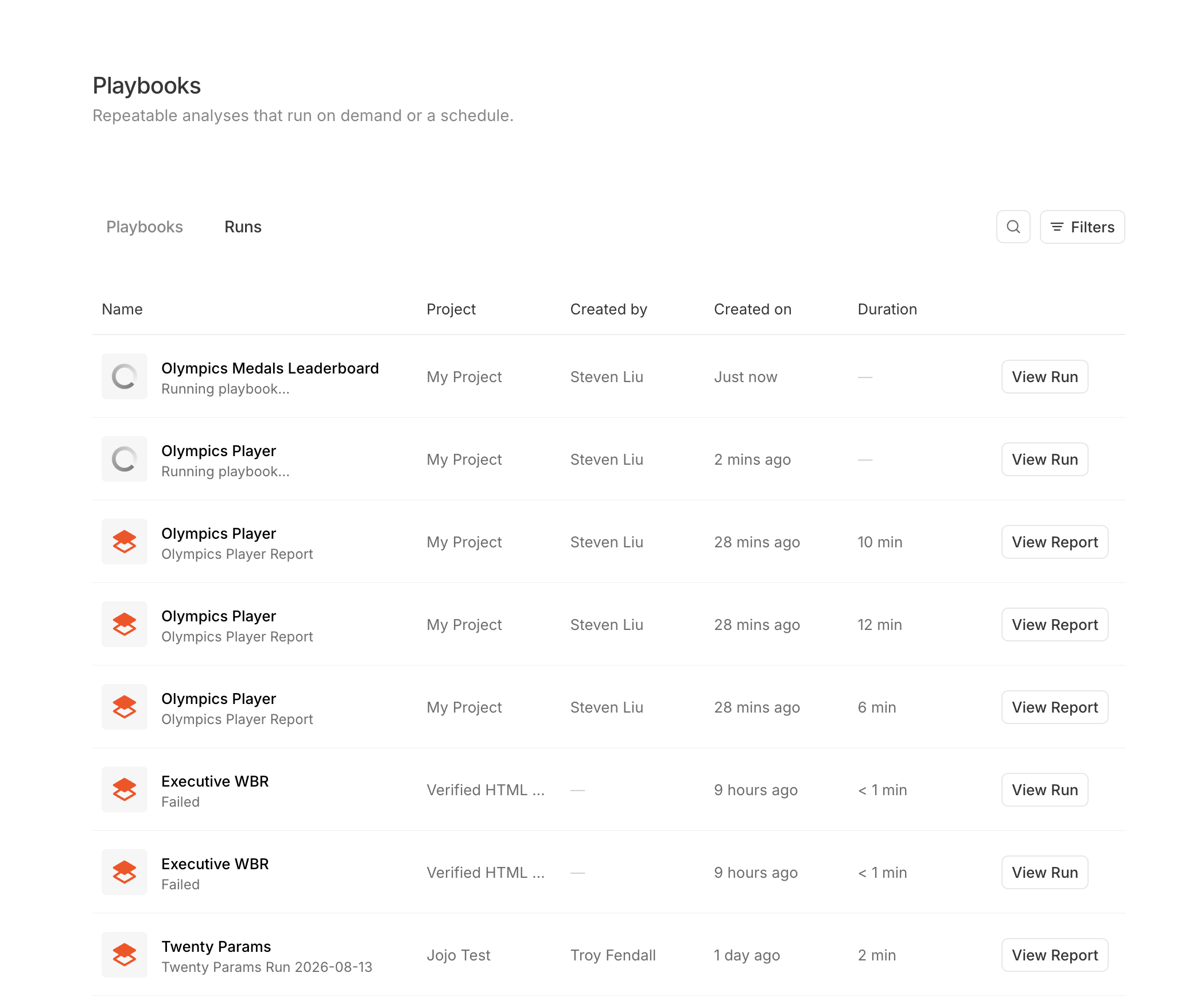 The Runs tab of the Playbooks page, a table with columns Name, Project, Created by, Created on, and Duration. Rows show playbook runs such as 'Olympics Medals Leaderboard', 'Olympics Player', and 'Executive WBR' across projects like 'My Project', with statuses such as 'Running playbook...', a report name, or 'Failed', created from just now to a day ago, durations from under a minute to about 12 minutes, and a View Run or View Report button on the right.