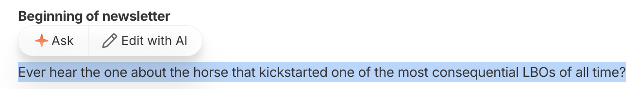 A floating toolbar over a highlighted sentence in a report, offering two actions: 'Ask' (with a sparkle icon) and 'Edit with AI' (with a pencil icon).