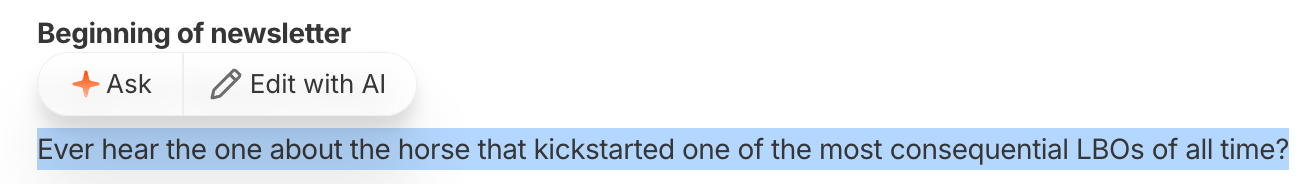 A floating toolbar over a highlighted sentence in a report, offering two actions: 'Ask' (with a sparkle icon) and 'Edit with AI' (with a pencil icon).