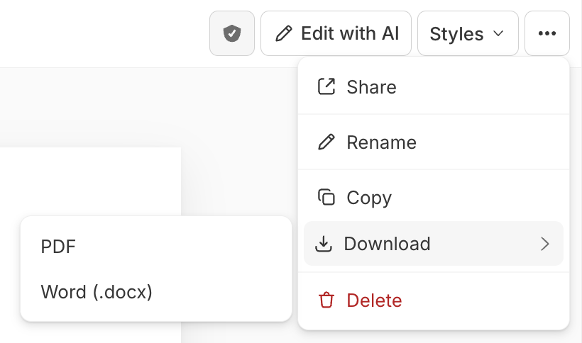 A report's ⋯ menu open with Share, Rename, Copy, Download (highlighted, expanding to a submenu showing PDF and Word (.docx)), and Delete; the toolbar above shows the verification badge, Edit with AI, Styles, and the ⋯ button.