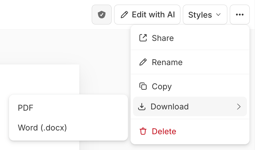 A report's ⋯ menu open with Share, Rename, Copy, Download (highlighted, expanding to a submenu showing PDF and Word (.docx)), and Delete; the toolbar above shows the verification badge, Edit with AI, Styles, and the ⋯ button.