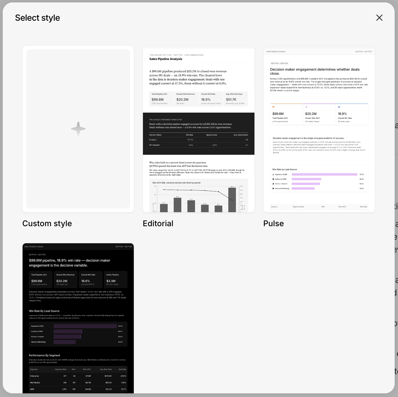 A 'Select style' modal showing style options as preview cards: Custom style (blank with a plus), Editorial (a light, magazine-like layout), Pulse (a light layout with metric cards), and a dark-themed style.