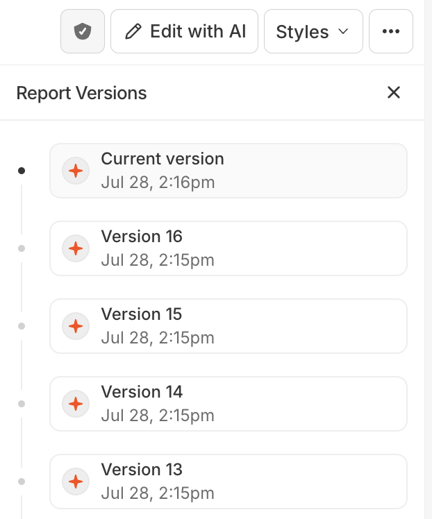The 'Report Versions' panel listing the Current version and Version 16 down to Version 3, each with a timestamp. A sparkle icon marks AI-generated versions and an initial avatar marks manual saves.
