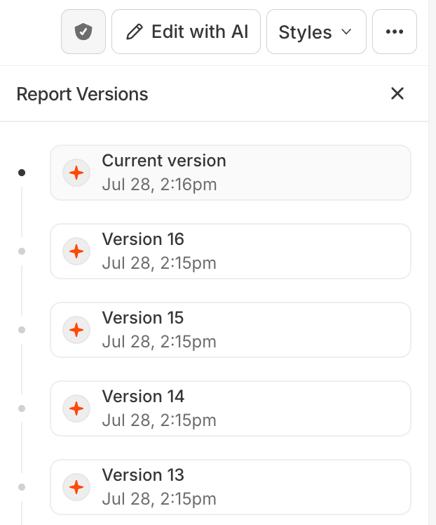 The 'Report Versions' panel listing the Current version and Version 16 down to Version 3, each with a timestamp. A sparkle icon marks AI-generated versions and an initial avatar marks manual saves.