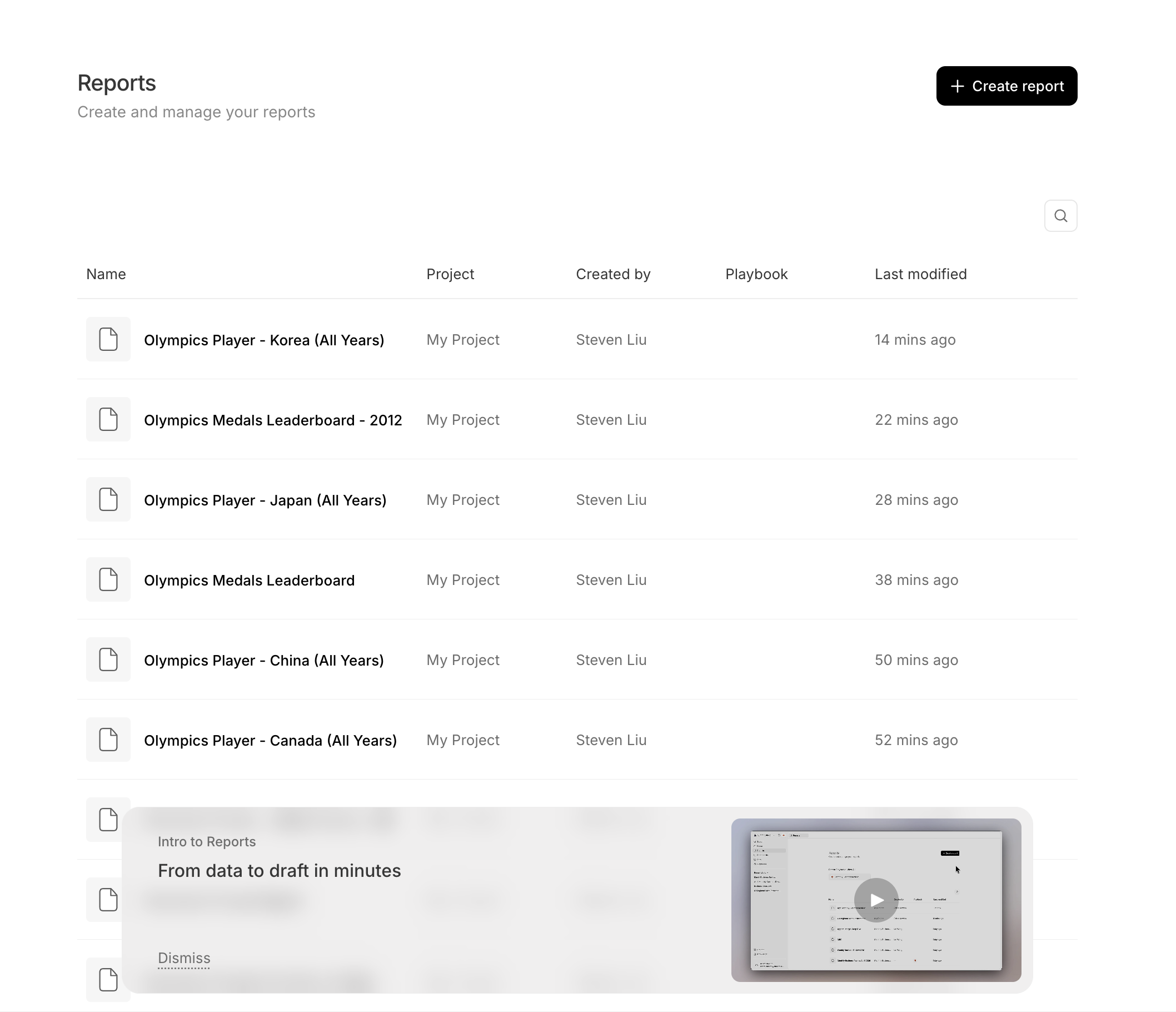 The Reports page at /report titled 'Reports — Create and manage your reports', with a Create report button in the top-right and a search box. A table lists reports with columns Name, Project, Created by, Playbook, and Last modified; rows are Olympics-themed demo reports such as 'Olympics Player - Korea (All Years)', 'Olympics Medals Leaderboard - 2012', and 'Olympics Player - Japan (All Years)', each with a project, author, and relative timestamp. An 'Intro to Reports — From data to draft in minutes' onboarding card with a video thumbnail and Dismiss link sits at the bottom.