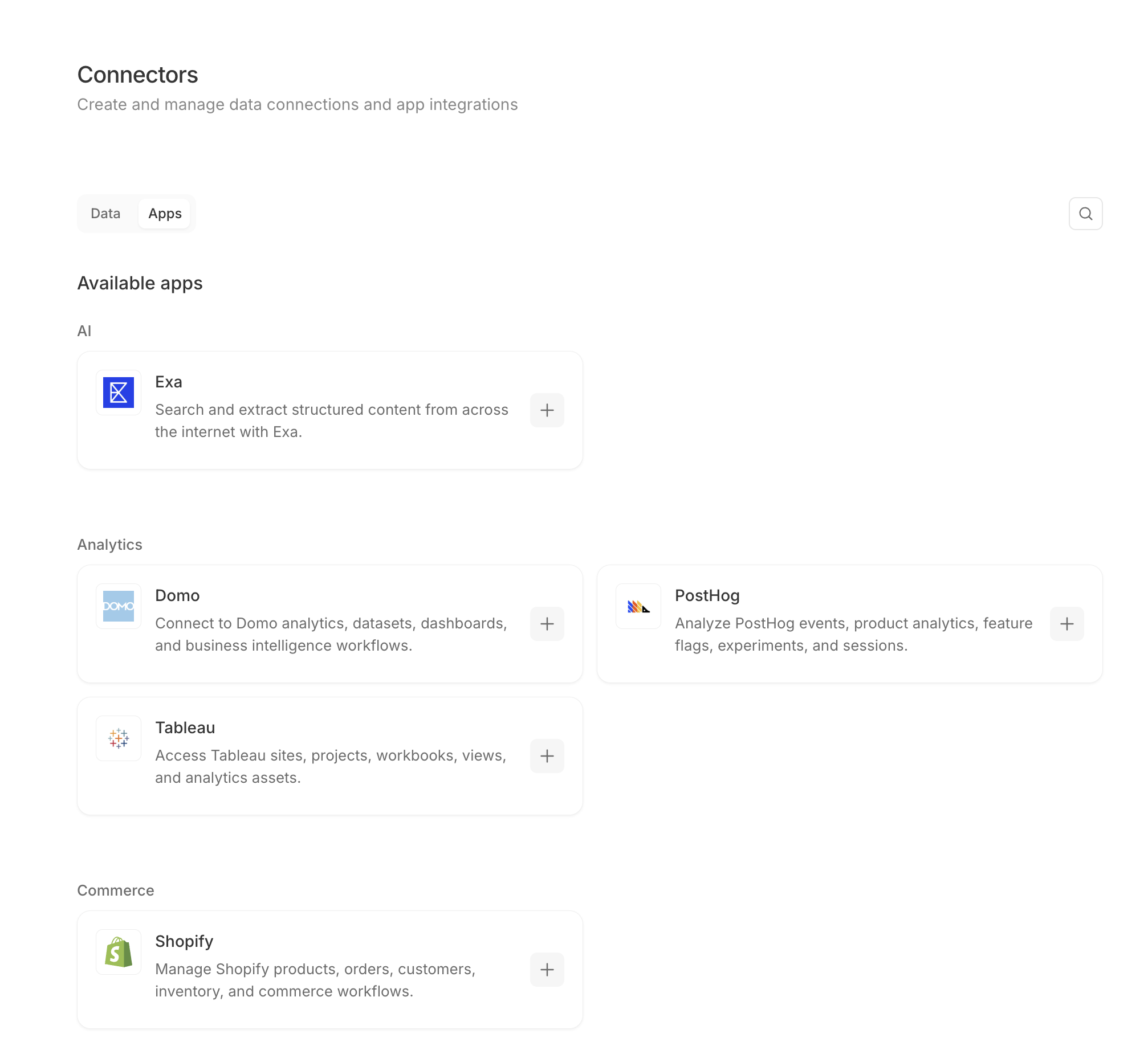 The Apps tab of the Connectors page showing 'Available apps' grouped by category: AI with Exa ('Search and extract structured content from across the internet with Exa.'); Analytics with Domo, PostHog, and Tableau; and Commerce with Shopify. Each card has an icon, a description, and a + button to connect.