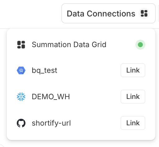 The Data Connections panel listing sources available to the project — Summation Data Grid (shown active with a green status dot), bq_test (BigQuery), DEMO_WH (Snowflake), and shortify-url (GitHub) — each additional source with a Link button to attach it to the project.