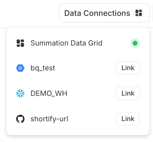 The Data Connections panel listing sources available to the project: Summation Data Grid (shown active with a green status dot), bq_test (BigQuery), DEMO_WH (Snowflake), and shortify-url (GitHub), each additional source with a Link button to attach it to the project.