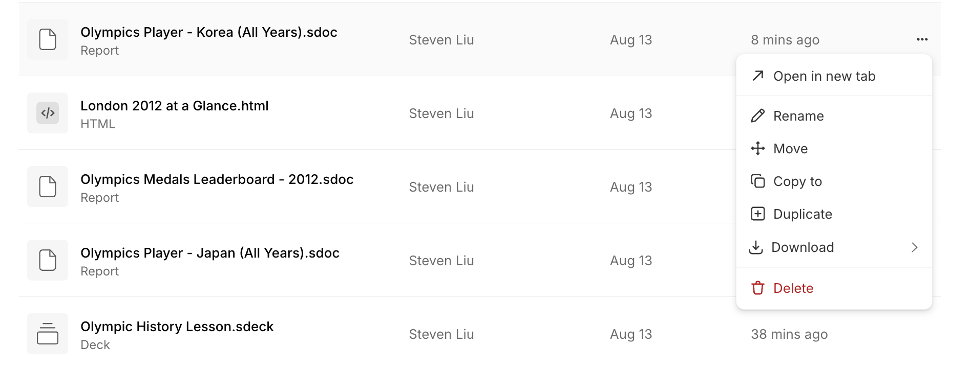 A file row's ⋯ menu open on 'Olympics Player - Korea (All Years).sdoc' in a file list, showing: Open in new tab, Rename, Move, Copy to, Duplicate, Download (with a submenu arrow), and Delete (in red). Nearby rows list 'London 2012 at a Glance.html', 'Olympics Medals Leaderboard - 2012.sdoc', 'Olympics Player - Japan (All Years).sdoc', and 'Olympic History Lesson.sdeck'.