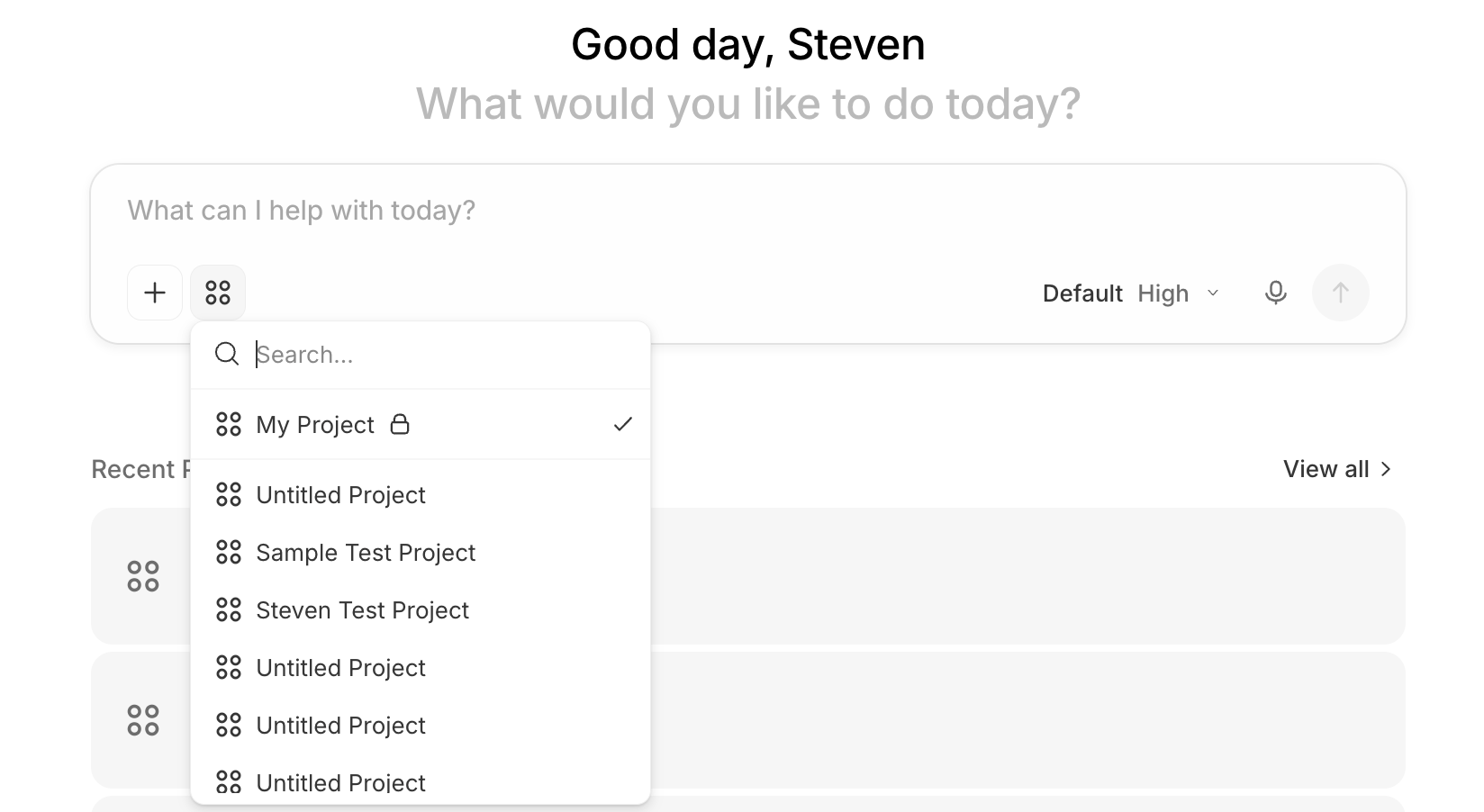 The Home page at /home ('Good day, Steven'). Addison's composer has a project picker open — a searchable list of projects: My Project (with a lock icon and a checkmark marking it as the current default), Untitled Project, Sample Test Project, Steven Test Project, and more. The picker sets which project the chat uses; a Recent Projects list with a View all link is visible behind it.