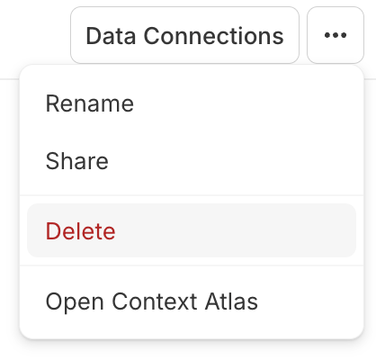 The top-right toolbar ⋯ menu open next to a 'Data Connections' button, showing options: Rename, Share, Delete (in red), and Open Context Atlas.