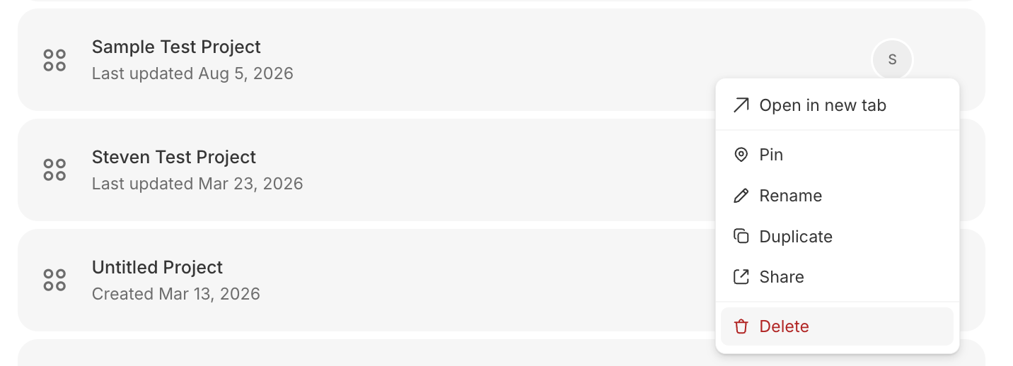 The /projects list with a right-click context menu open on the 'Sample Test Project' row, showing: Open in new tab, Pin, Rename, Duplicate, Share, and Delete (in red).