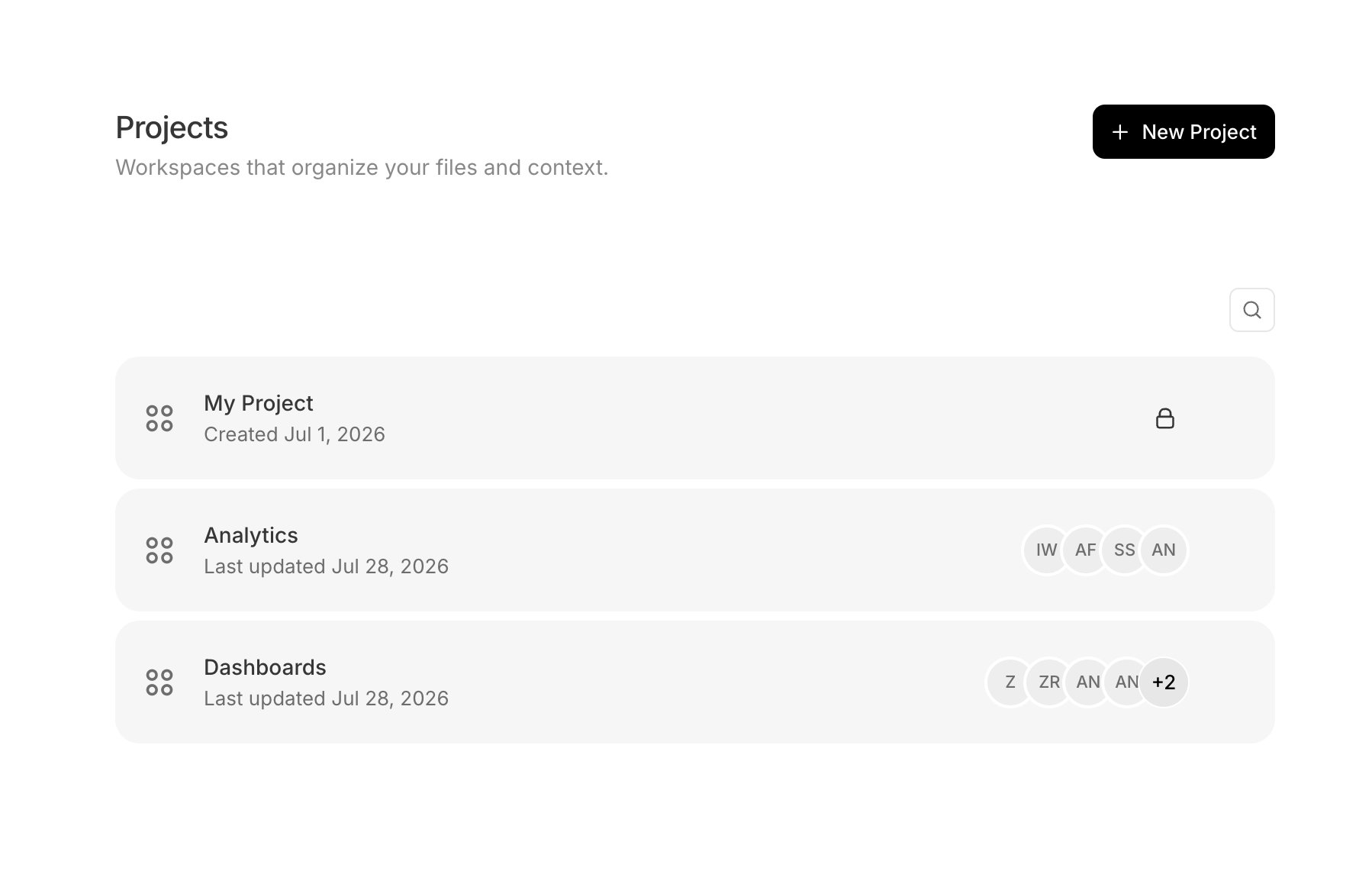 The Projects page at /projects listing projects (My Project, Analytics, Dashboards). My Project shows a lock icon indicating it is private; Analytics and Dashboards show collaborator avatars on the right. The New Project button is in the top-right, with a search box below it.
