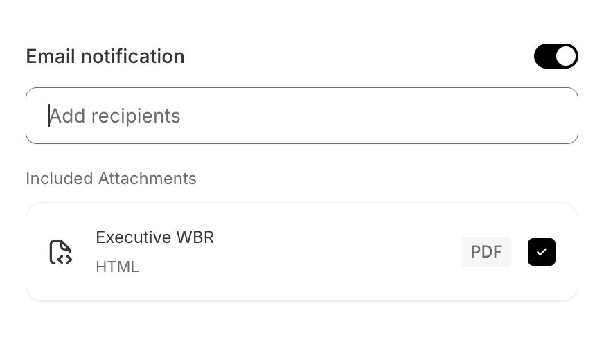 The Email notification section toggled on, showing an 'Add recipients' field and an 'Included Attachments' list with one row: 'Executive WBR', subtitled HTML, with a PDF format chip and a checked include checkbox.