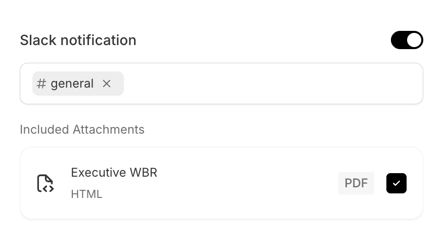 The Slack notification section toggled on, showing a recipients field containing a '# general' channel chip and an 'Included Attachments' list with 'Executive WBR', subtitled HTML, a PDF format chip, and a checked include checkbox.