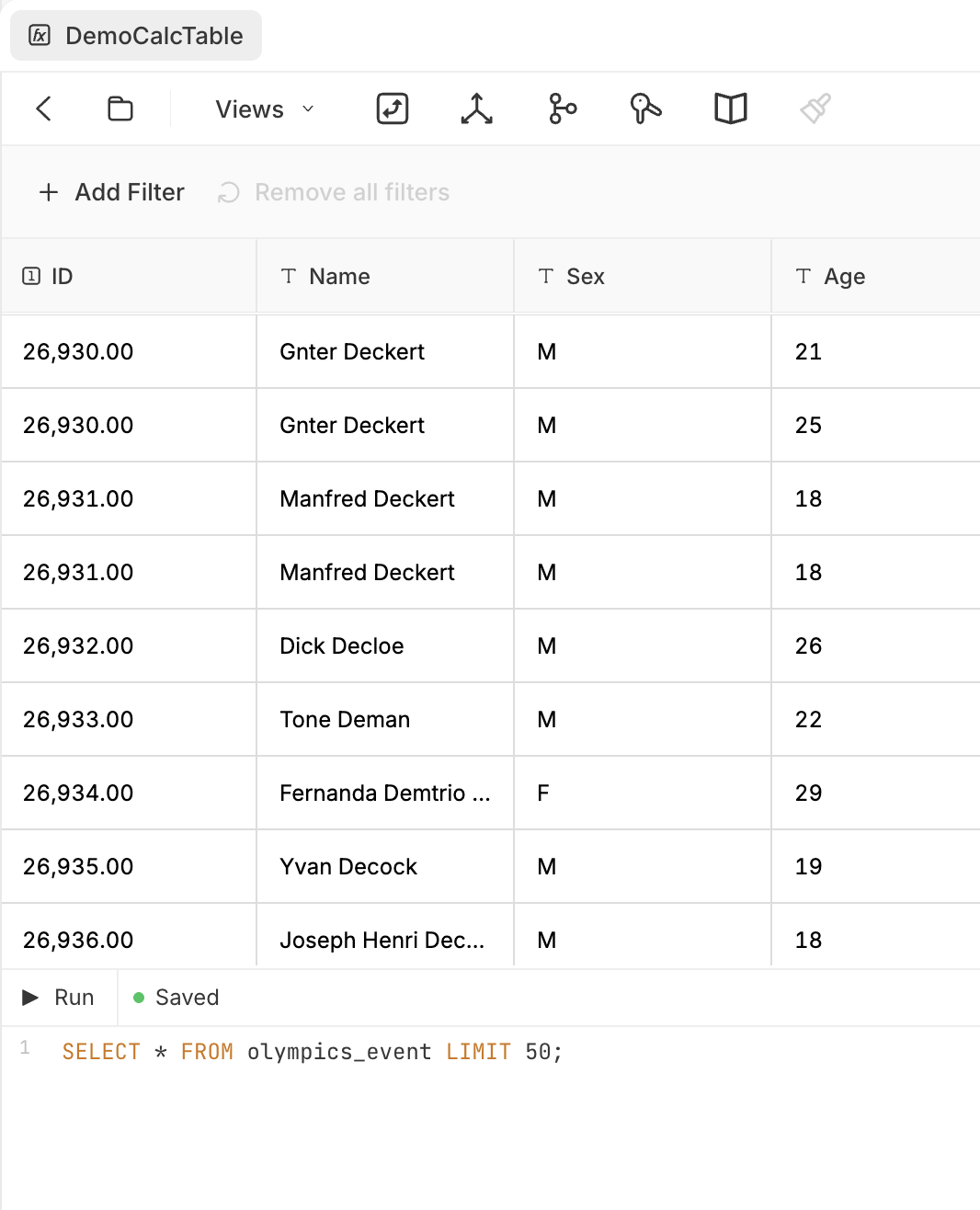 A calculation table 'DemoCalcTable' showing a data grid (ID, Name, Sex, Age columns) above a SQL editor with 'Run' and a 'Saved' indicator, running SELECT * FROM olympics_event LIMIT 50.