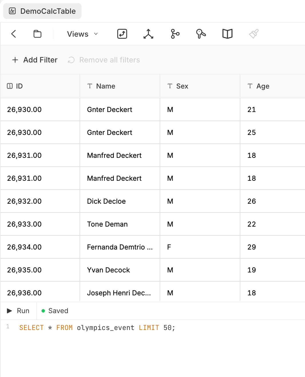 A calculation table 'DemoCalcTable' showing a data grid (ID, Name, Sex, Age columns) above a SQL editor with 'Run' and a 'Saved' indicator, running SELECT * FROM olympics_event LIMIT 50.