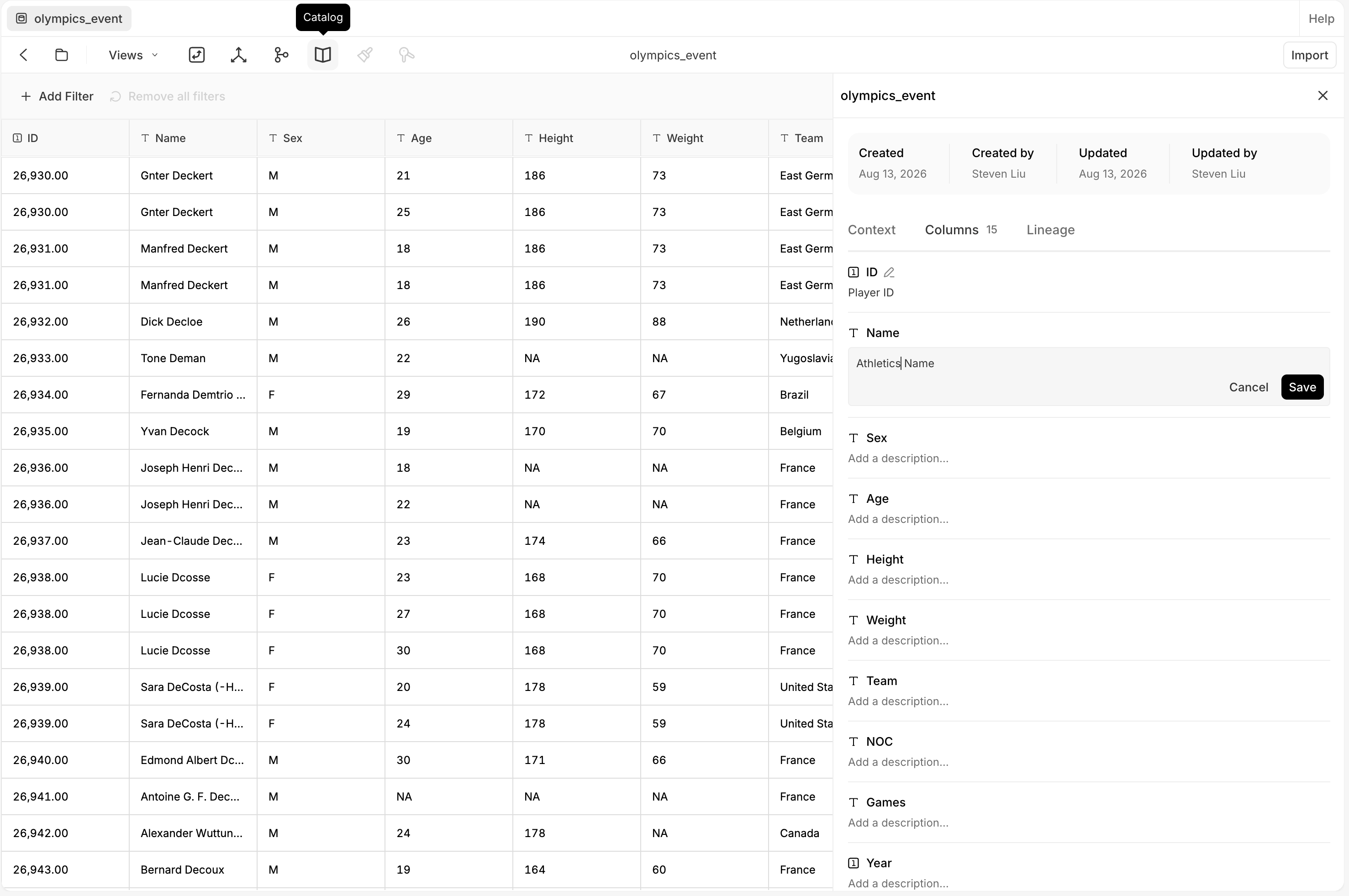 The Catalog panel for the table 'olympics_event', showing Created / Created by / Updated / Updated by metadata and Context, Columns (15), and Lineage tabs. The Columns tab lists each column with an editable description — ID reads 'Player ID', Name is being edited with a description field and Cancel / Save, and others (Sex, Age, Height, Weight, Team, NOC) show 'Add a description...'.