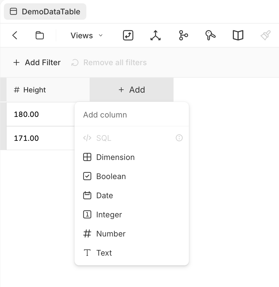A data table 'DemoDataTable' with a '# Height' column and a '+ Add' column button; the Add-column menu lists SQL, Dimension, Boolean, Date, Integer, Number, and Text.