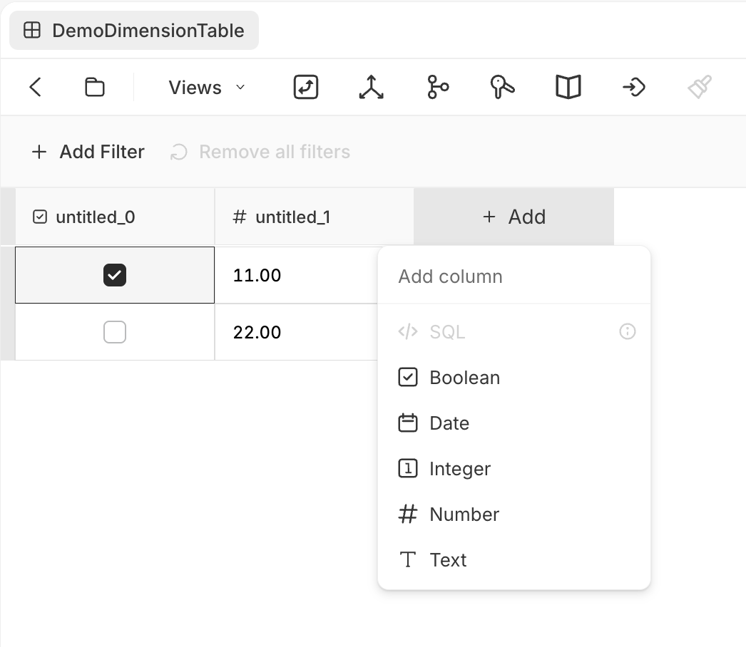 A dimension table 'DemoDimensionTable' with a boolean column and a numeric column and a '+ Add' column menu listing SQL, Boolean, Date, Integer, Number, and Text.
