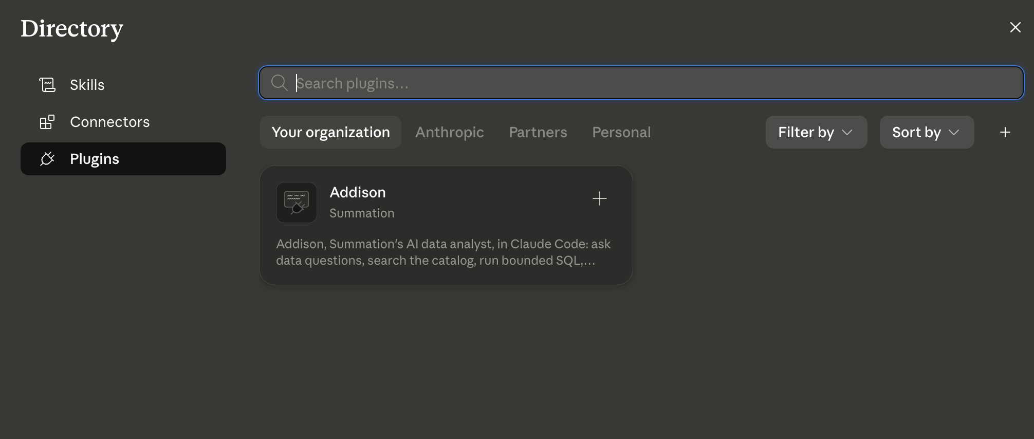 Claude Desktop Settings, Plugins view showing Addison in the organization library with the plus icon used to install it