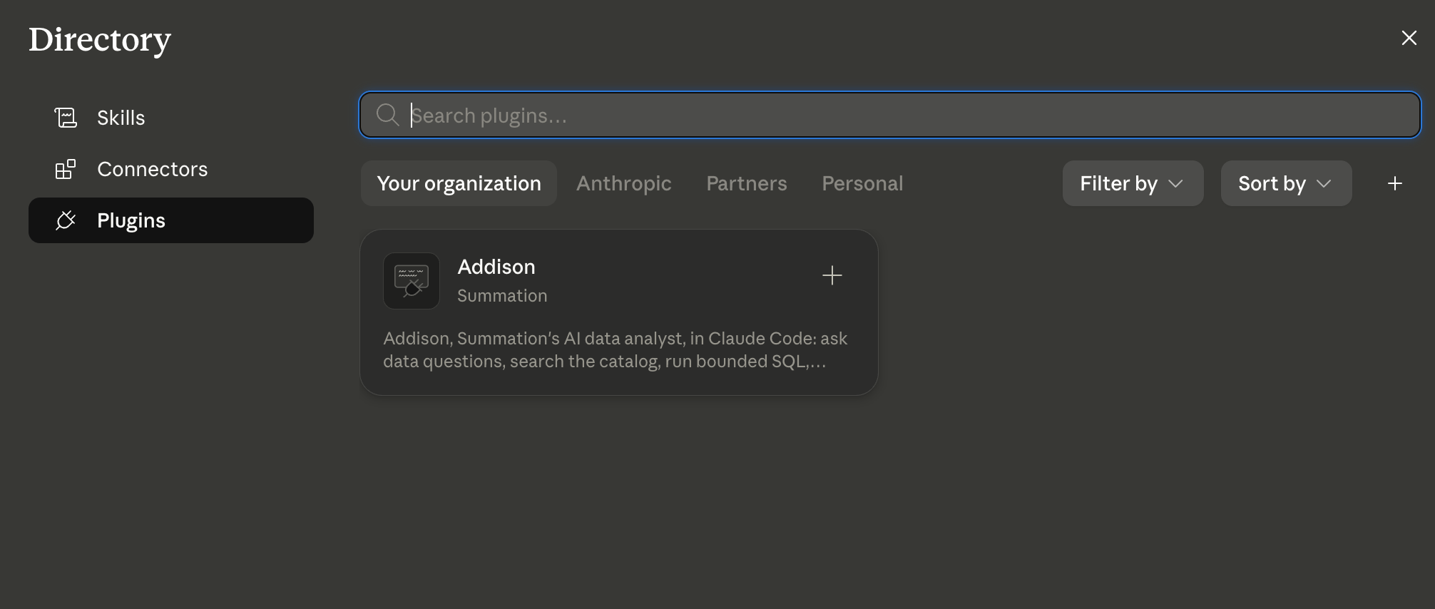 Claude Desktop Settings, Plugins view showing Addison in the organization library with the plus icon used to install it