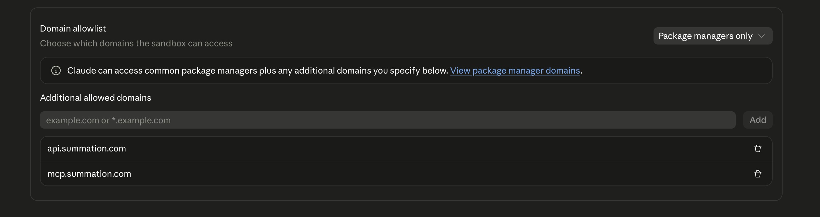 Claude Desktop Admin settings, Code execution Network access panel with api.summation.com and mcp.summation.com added to the allowed hosts.