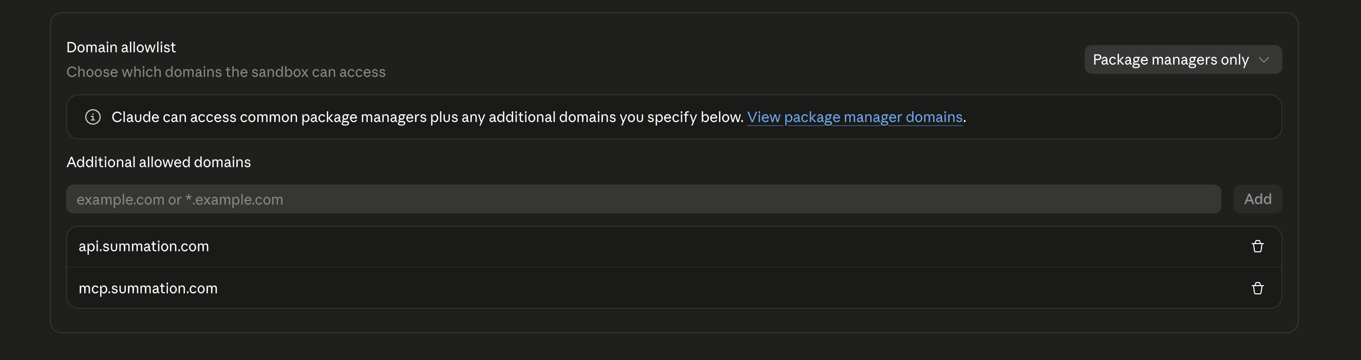 Allowing network access to Summation Claude Desktop Admin settings, Code execution Network access panel with api.summation.com and mcp.summation.com added to the allowed hosts.