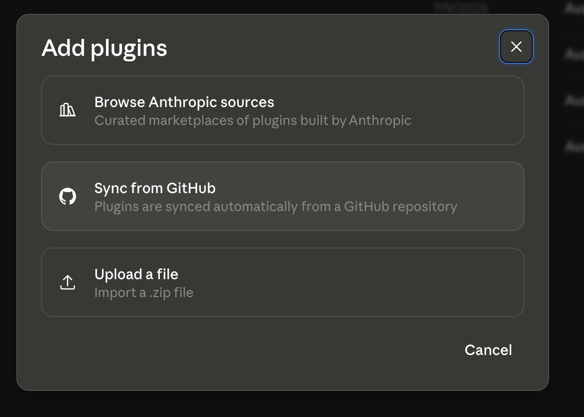 The Claude.ai organization Plugins settings, Add plugins dialog with the Sync from GitHub option selected and a field for the forked addison-plugin repository