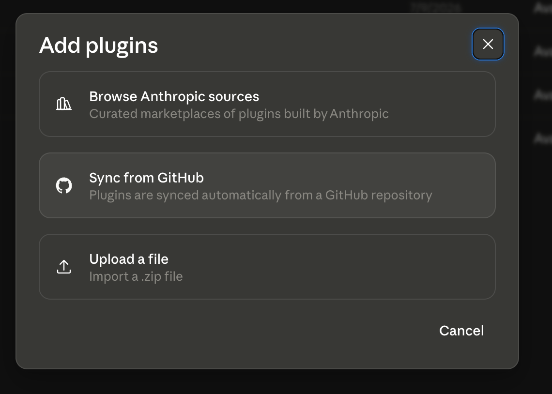 The Claude.ai organization Plugins settings, Add plugins dialog with the Sync from GitHub option selected and a field for the forked addison-plugin repository
