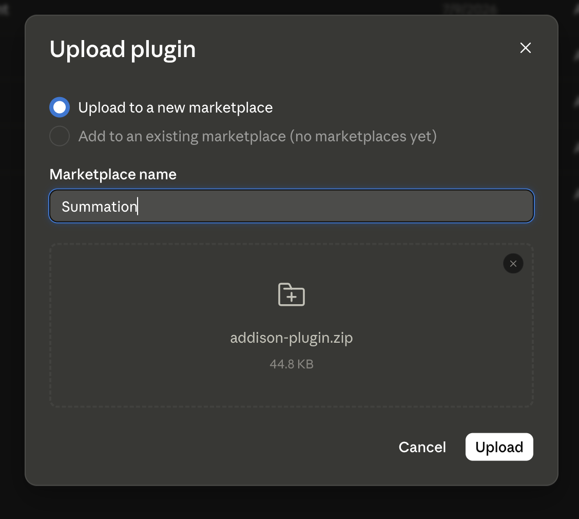 The Add plugins dialog with the upload option selected, accepting a zip file downloaded from the addison-plugin releases page