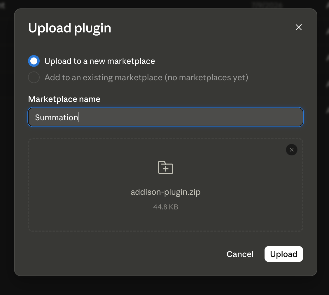 The Add plugins dialog with the upload option selected, accepting a zip file downloaded from the addison-plugin releases page
