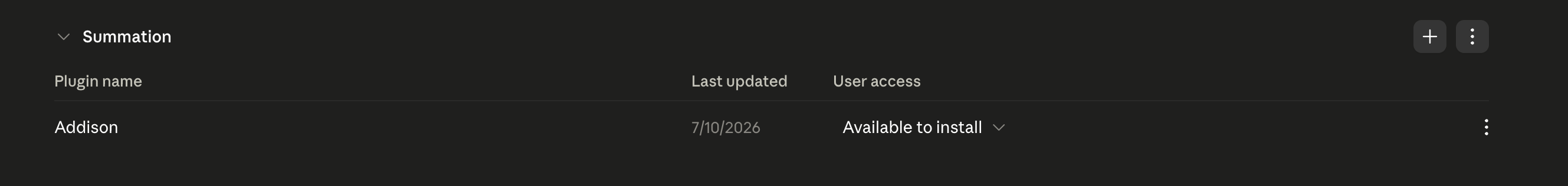 The installed Addison plugin settings showing the User access control that governs which organization members can install and use it