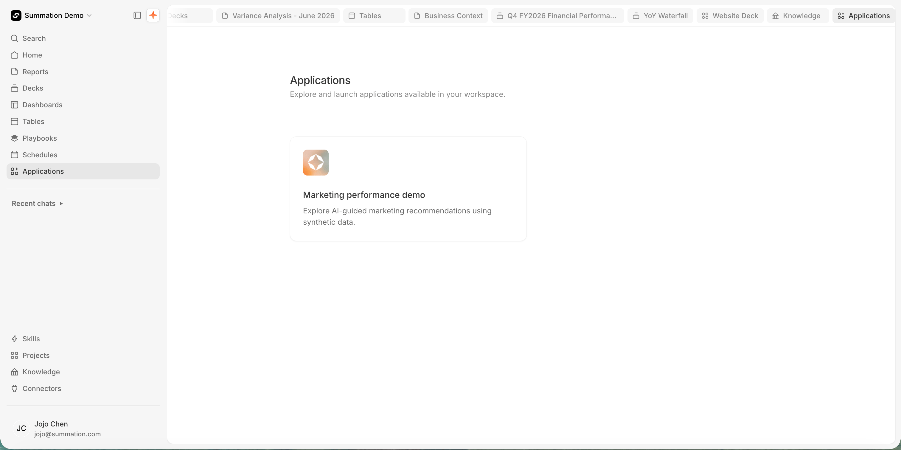 The Applications launcher showing a 'Marketing performance demo' card with description 'Explore AI-guided marketing recommendations using synthetic data.'