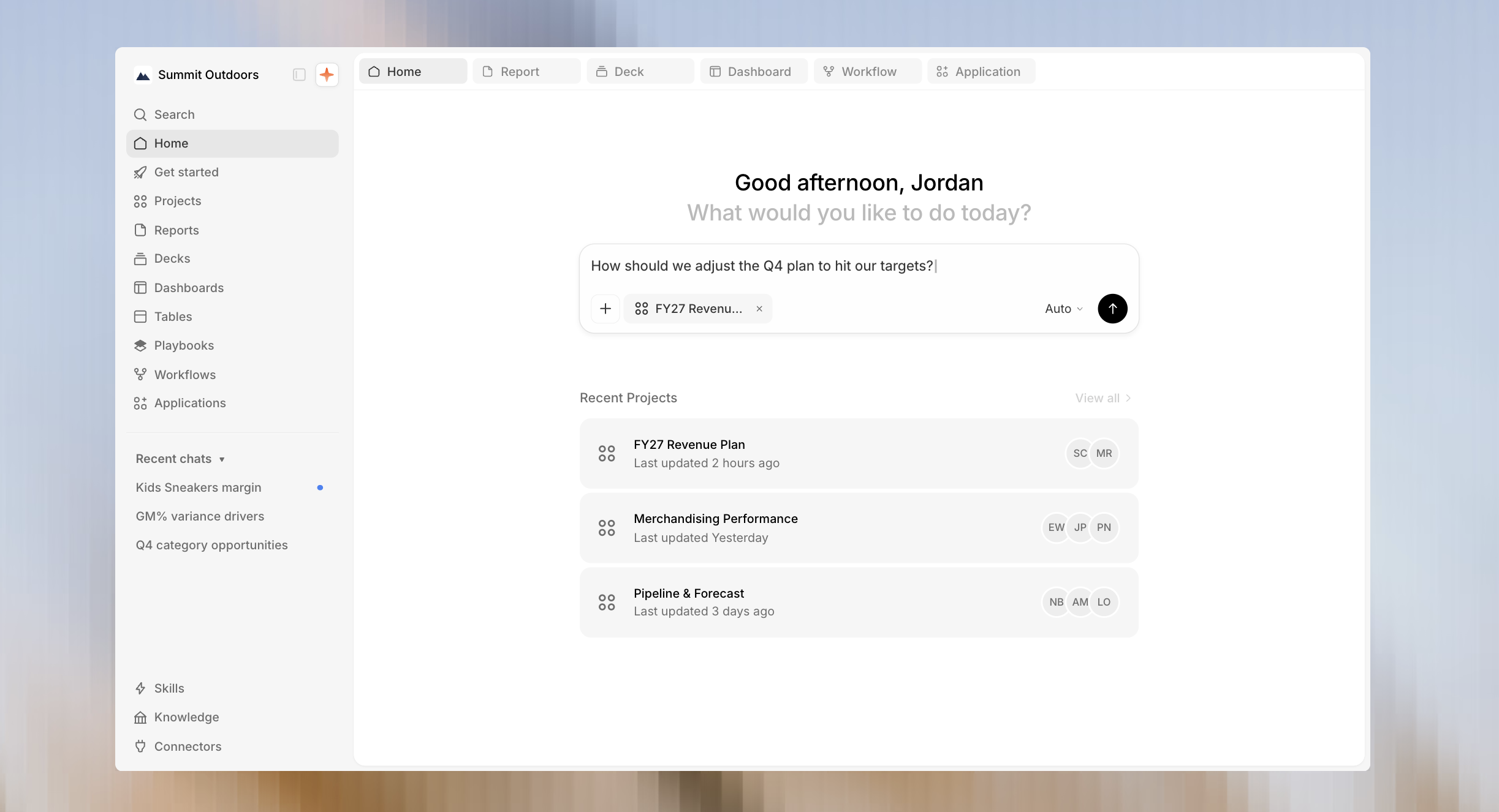The Home page greeting 'Good afternoon, Jordan, What would you like to do today?' above a composer with the draft question 'How should we adjust the Q4 plan to hit our targets?' and an attached 'FY27 Revenue...' project. Below it, Recent Projects lists 'FY27 Revenue Plan', 'Merchandising Performance', and 'Pipeline & Forecast'.