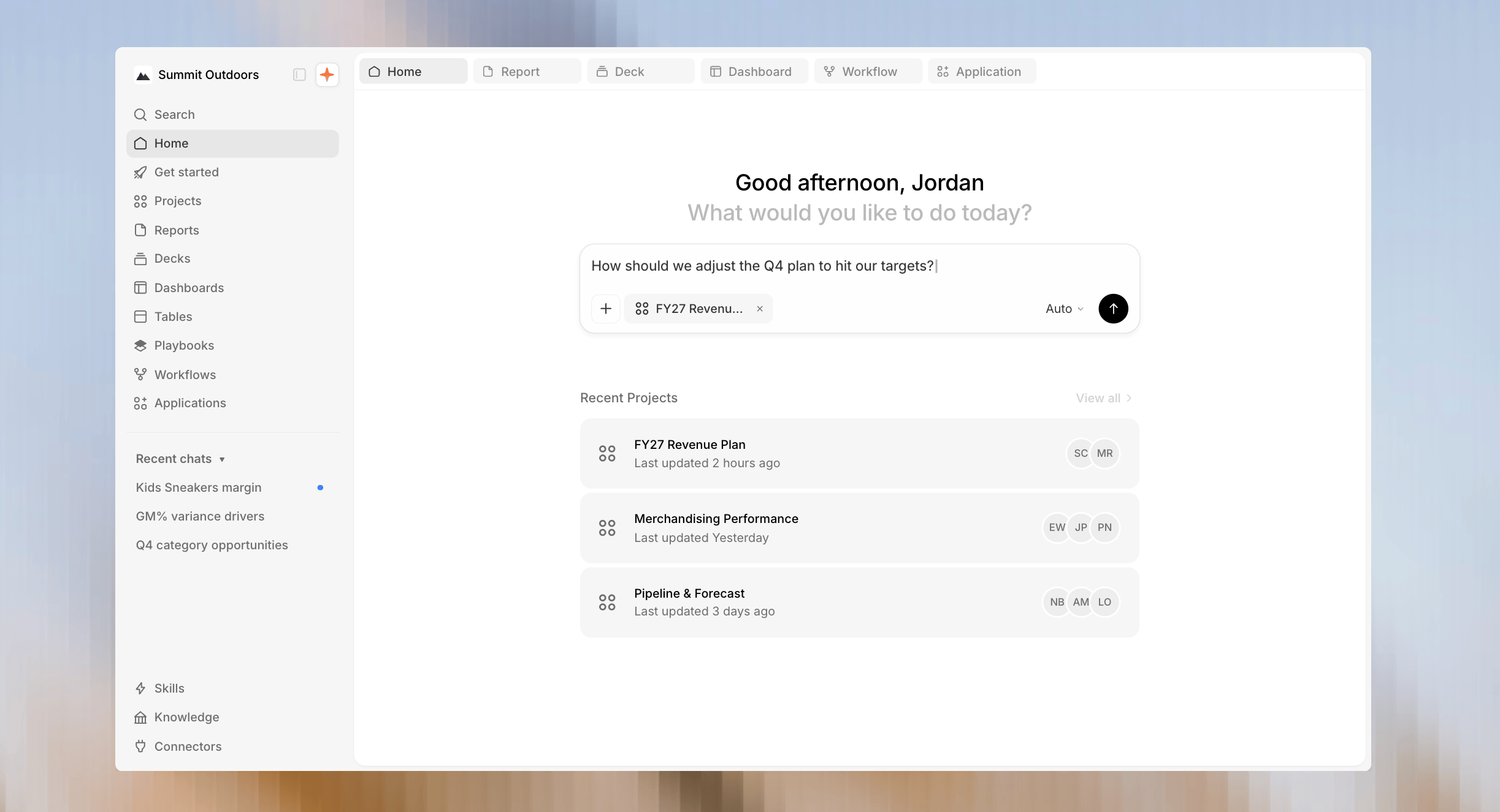 The Home page greeting 'Good afternoon, Jordan, What would you like to do today?' above a composer with the draft question 'How should we adjust the Q4 plan to hit our targets?' and an attached 'FY27 Revenue...' project. Below it, Recent Projects lists 'FY27 Revenue Plan', 'Merchandising Performance', and 'Pipeline & Forecast'.