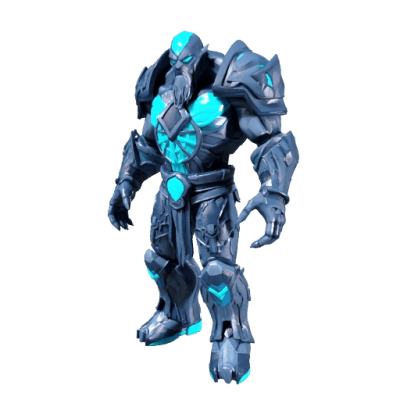 A frost golem character in armour with glowing blue crystals, made by a Summer 3D model